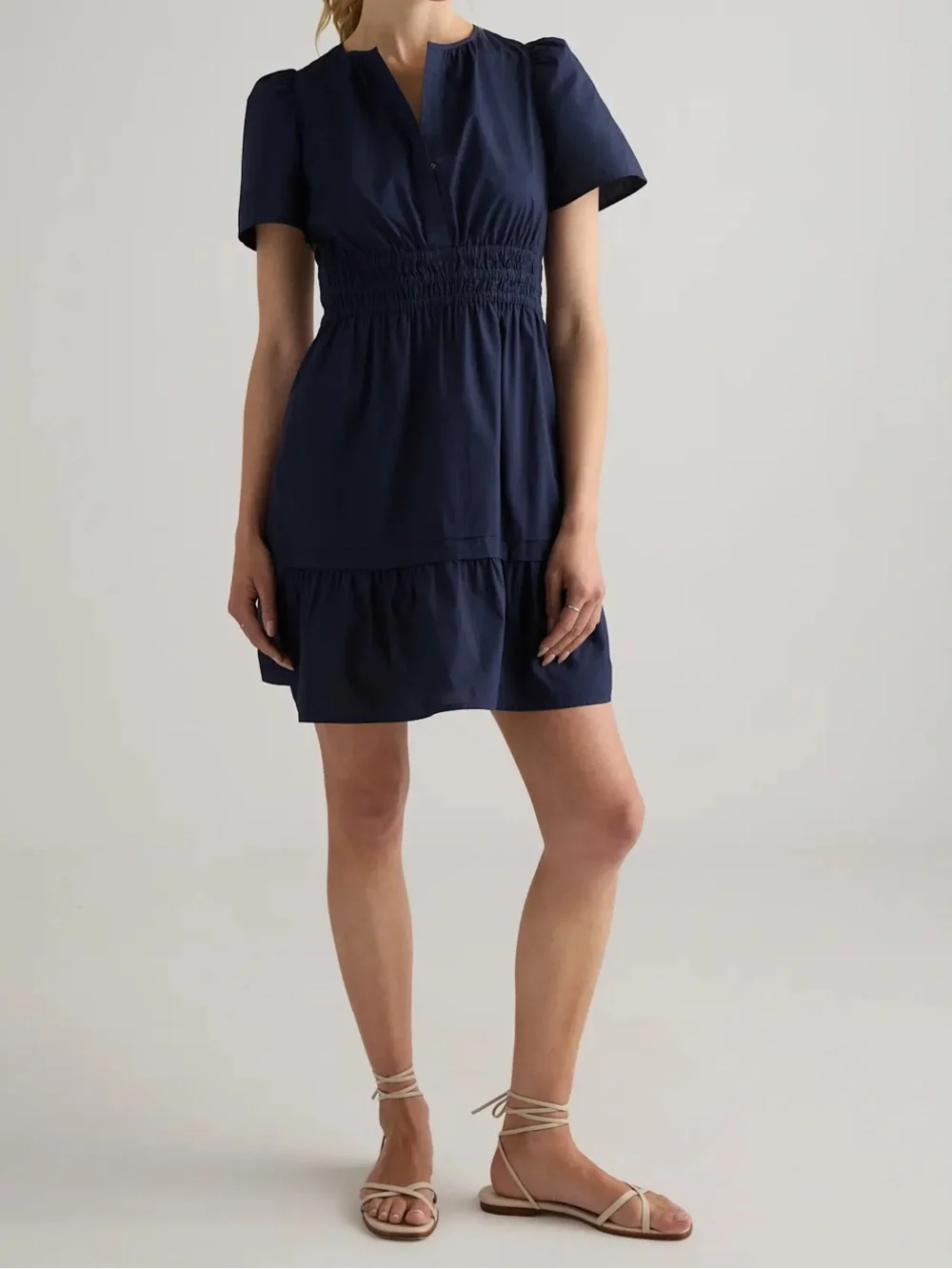 NWT Quince 100% Organic Cotton Poplin Tiered Mini Dress-Navy - Picture 1 of 9